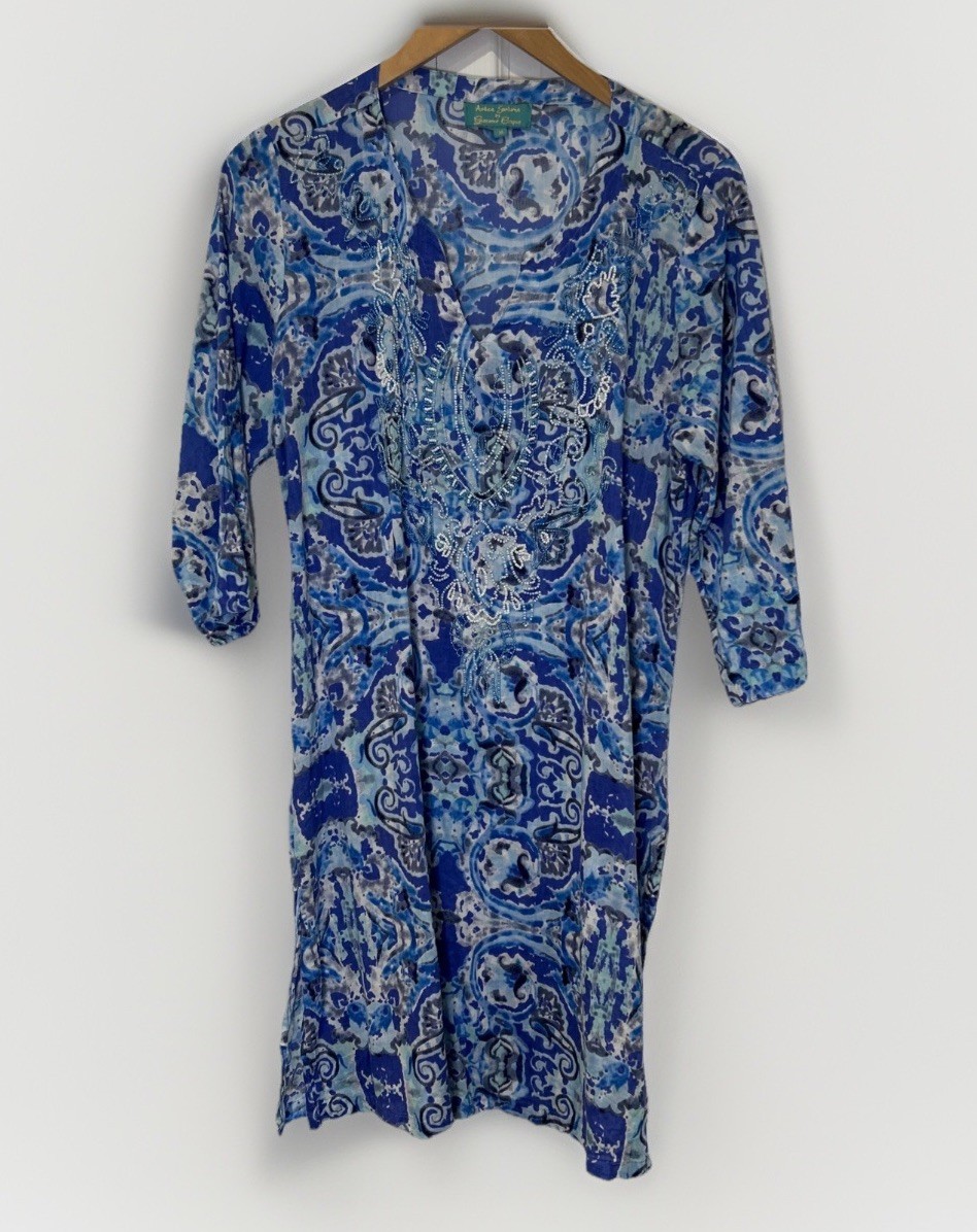 Antica Sartoria Giacomo Cinque Womens Tunic M Blue Cover Up Boho Cotton V-Neck