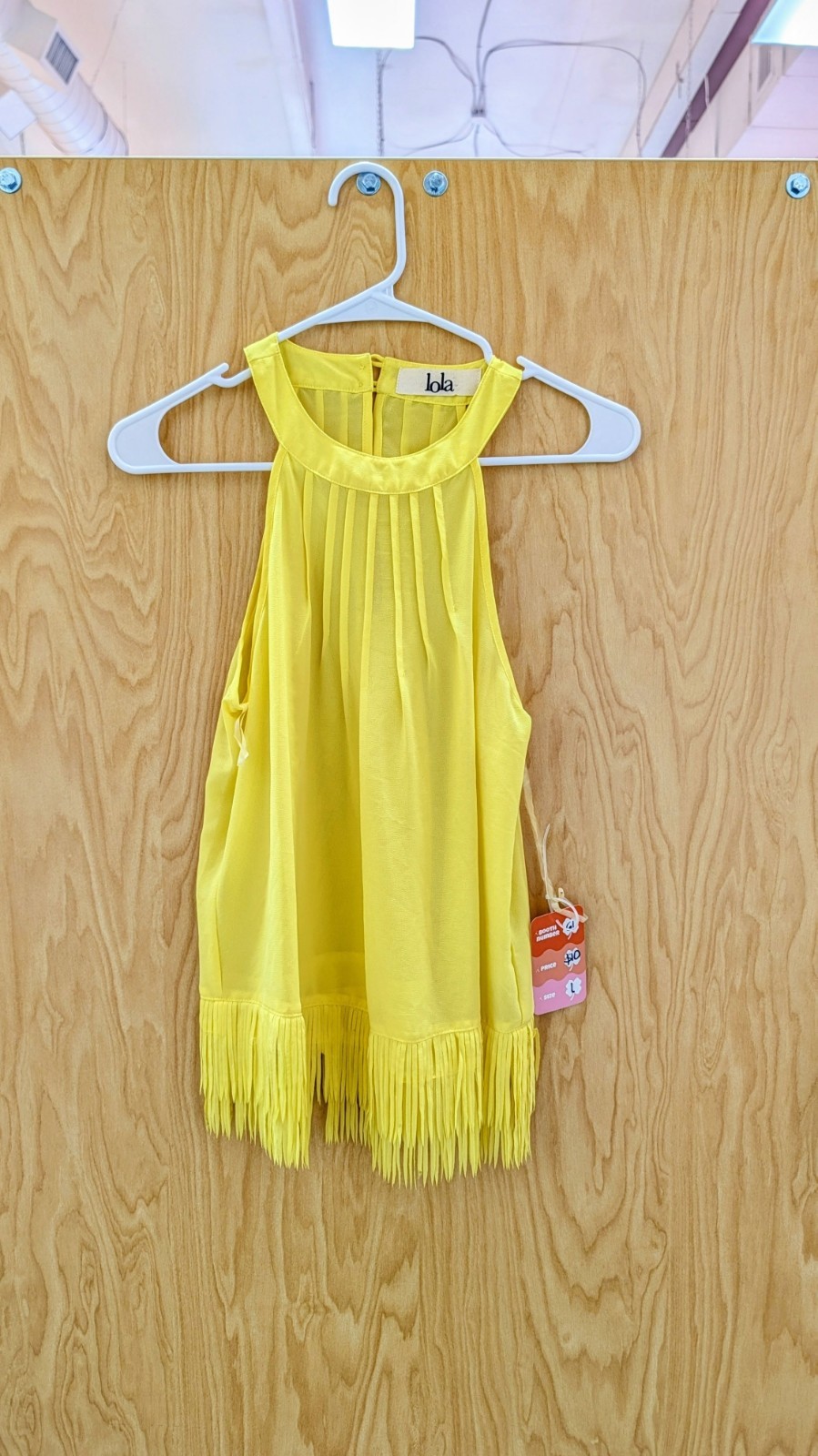 Lola Yellow Pleated Halter Dress Fringed Hem Women’s Size Large