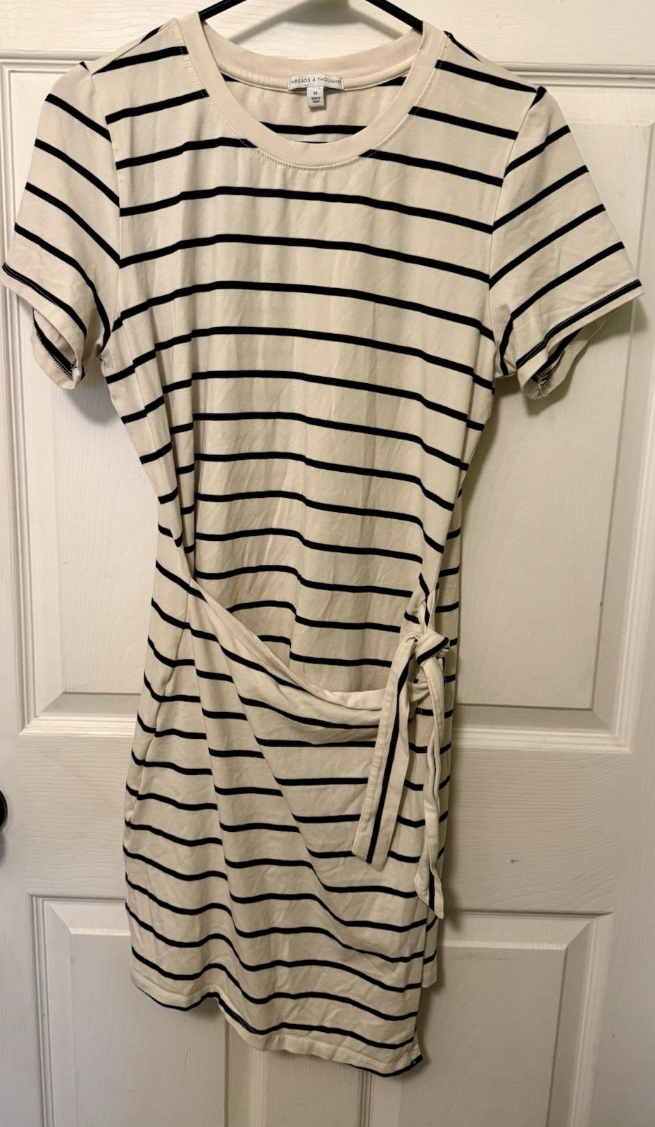 Threads 4 Thought T-Shirt Dress Striped Beige Black Tie Waist Crew Neck M
