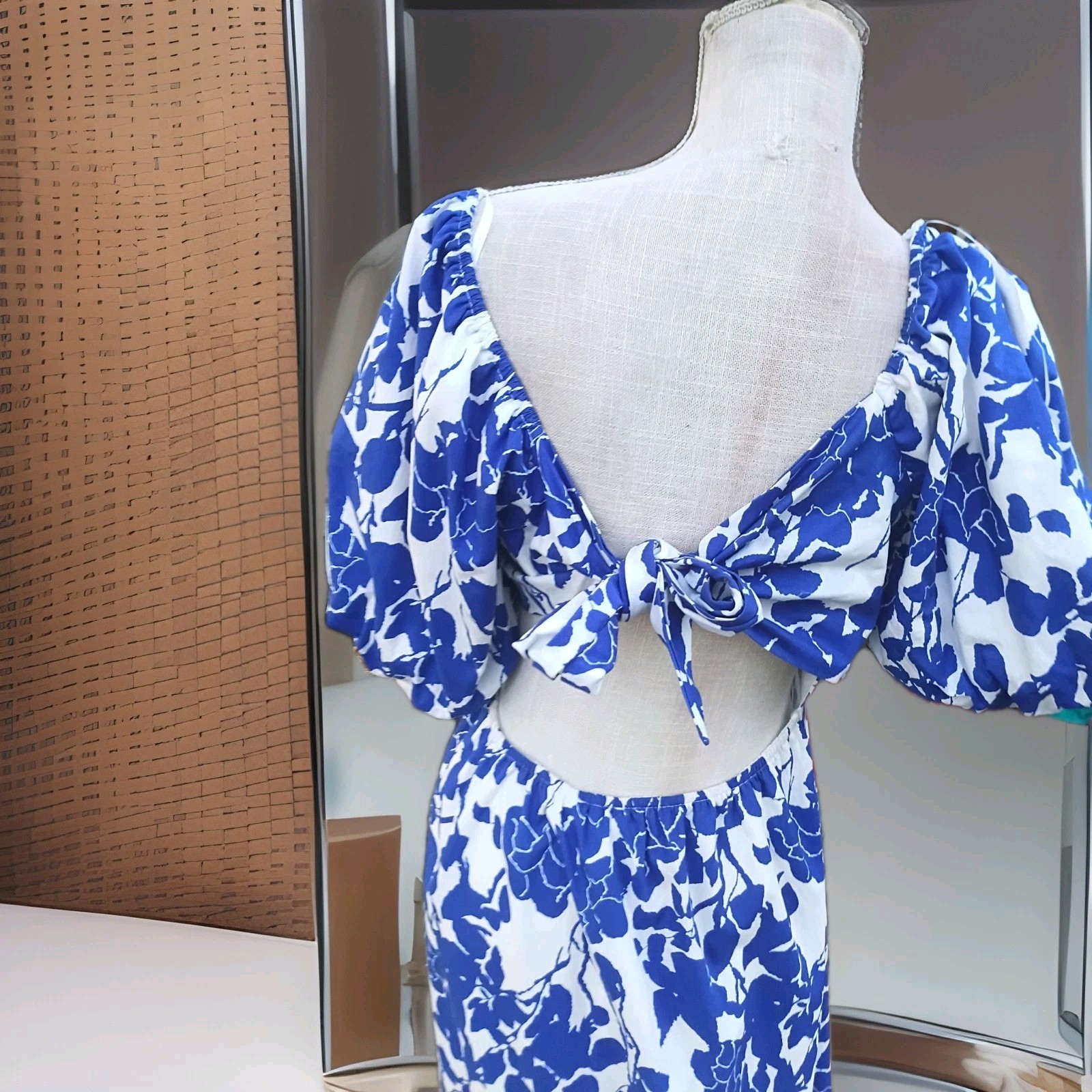 Hyacinth House Blue Floral Seaport Midi Dress Cut Out Back Romantic Puff Medium