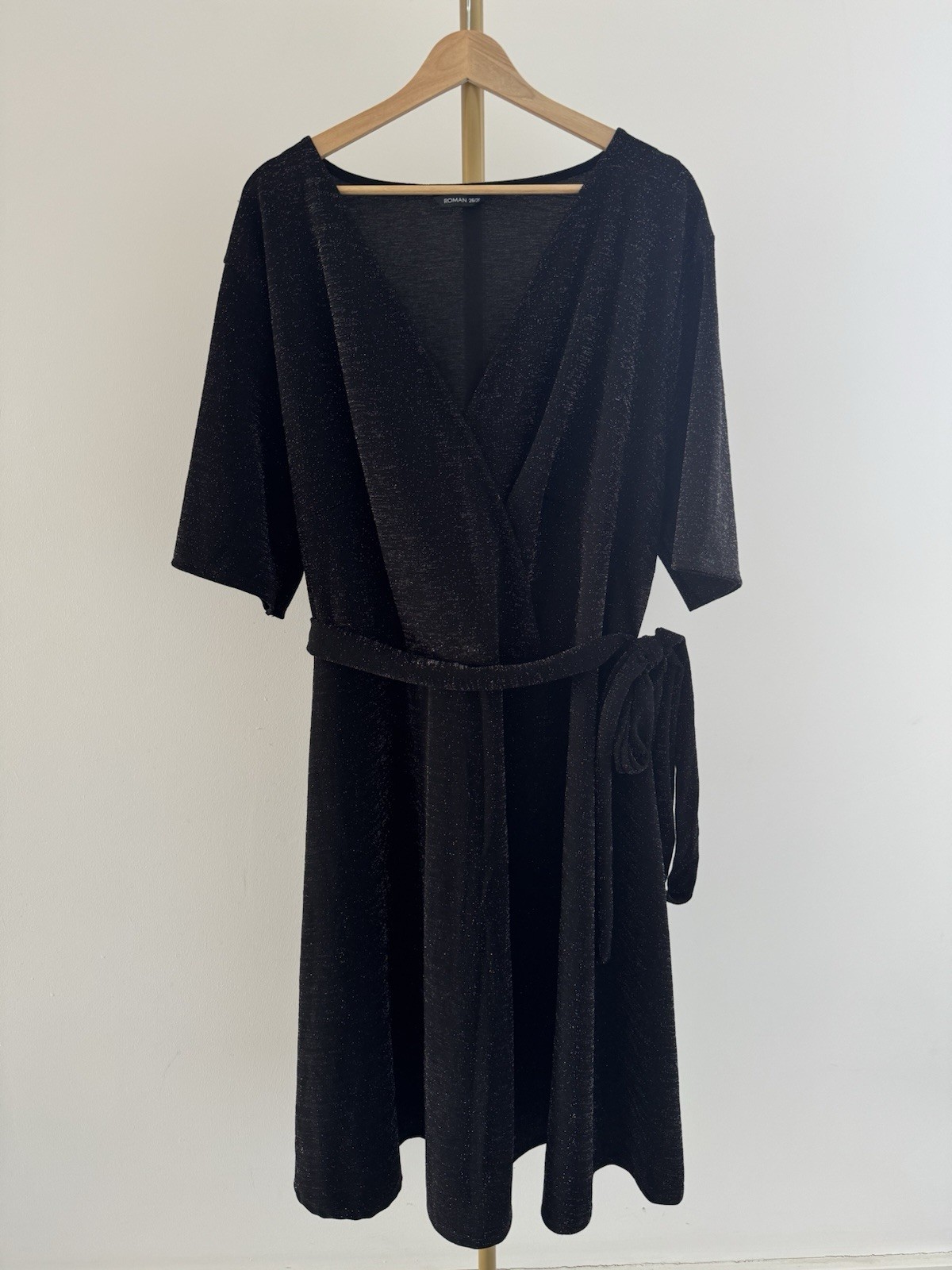 Roman Black Glitter Knee Length Dress UK 26/28 Sparkly Evening Party Belted