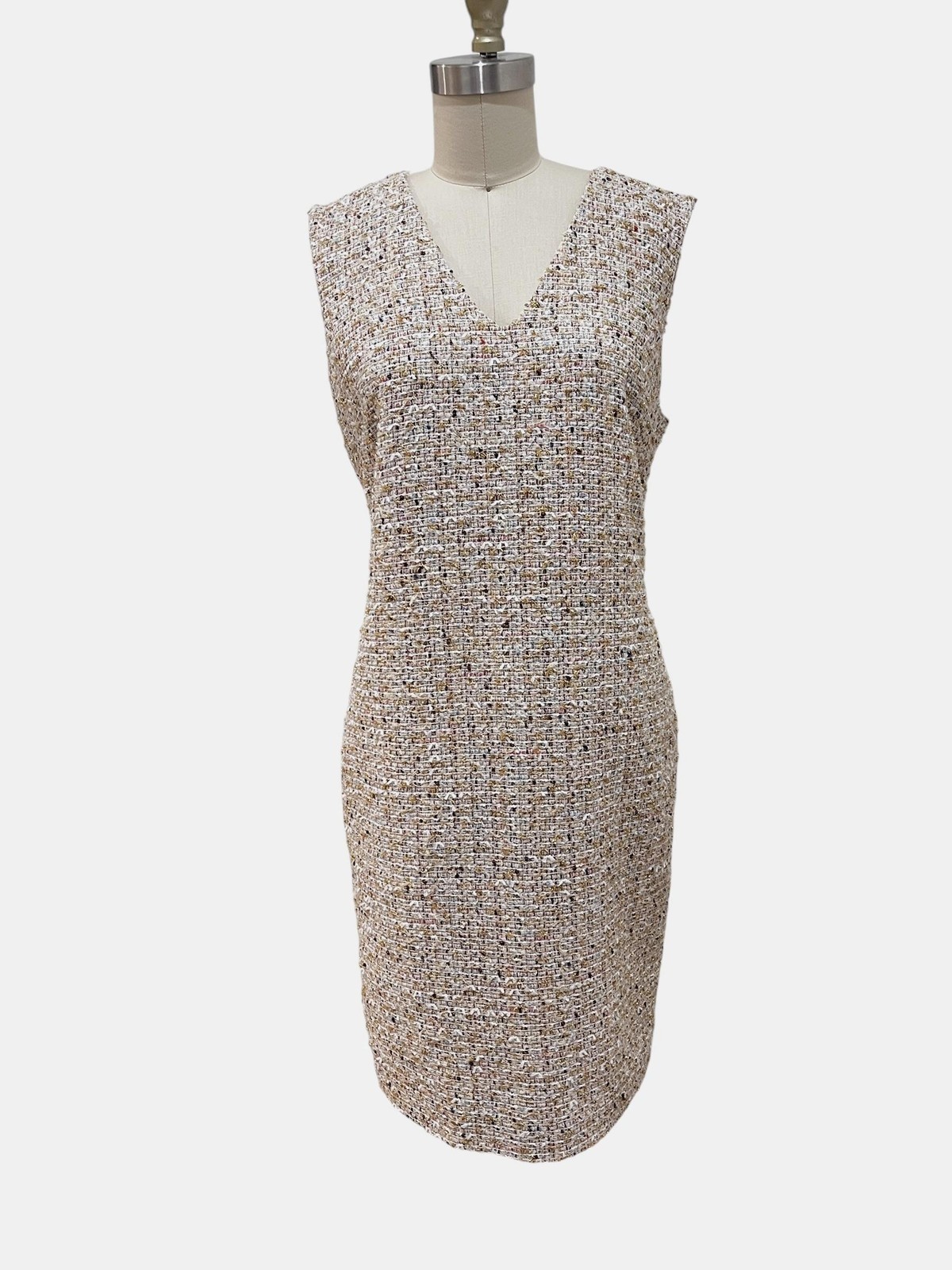 St John Dress Womens 10 Multicolor Tweed Glitter Sheath V Neck Knee Length