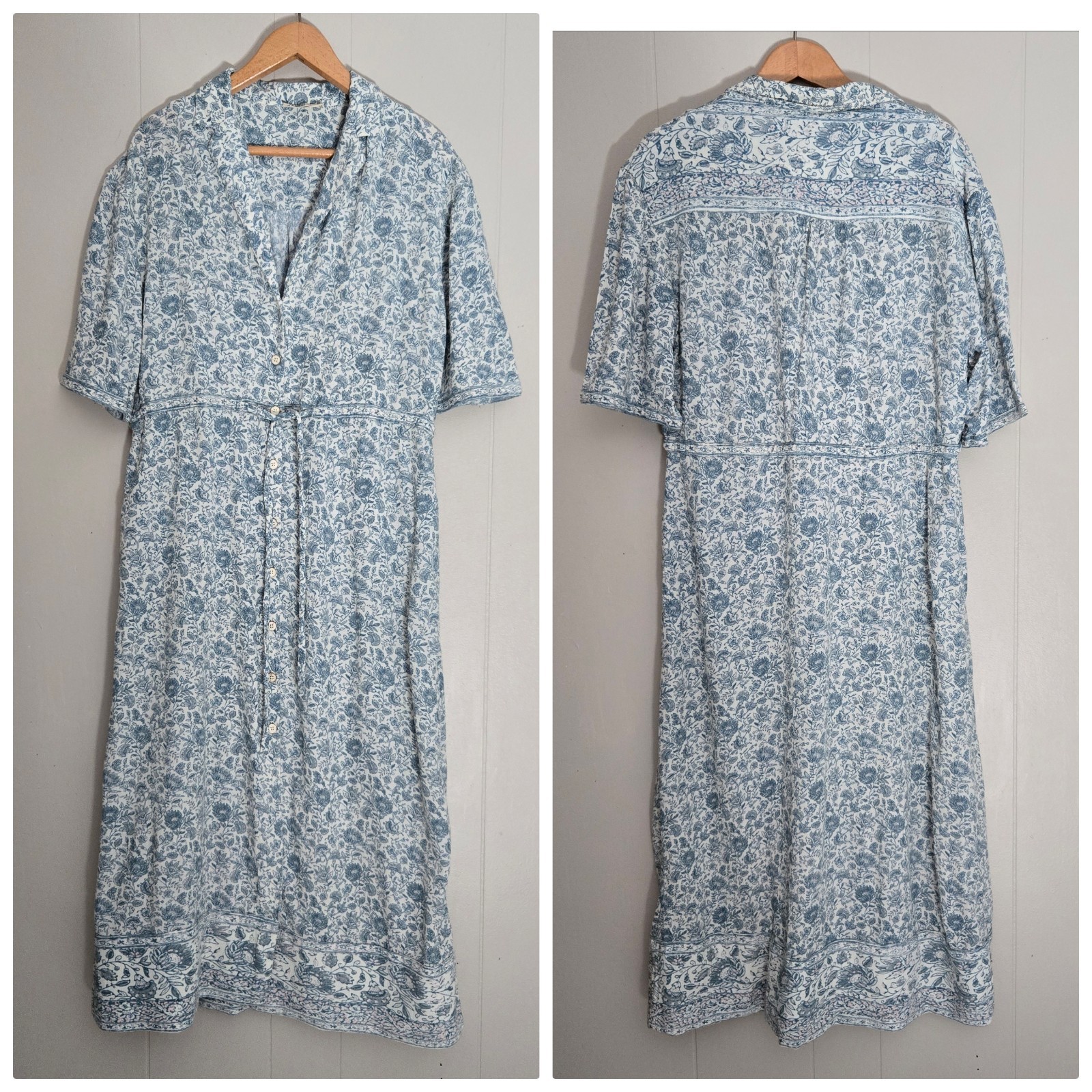 Faherty Island Times Tie Waist Midi Shirtdress Dress Floral Blue Light Airy M