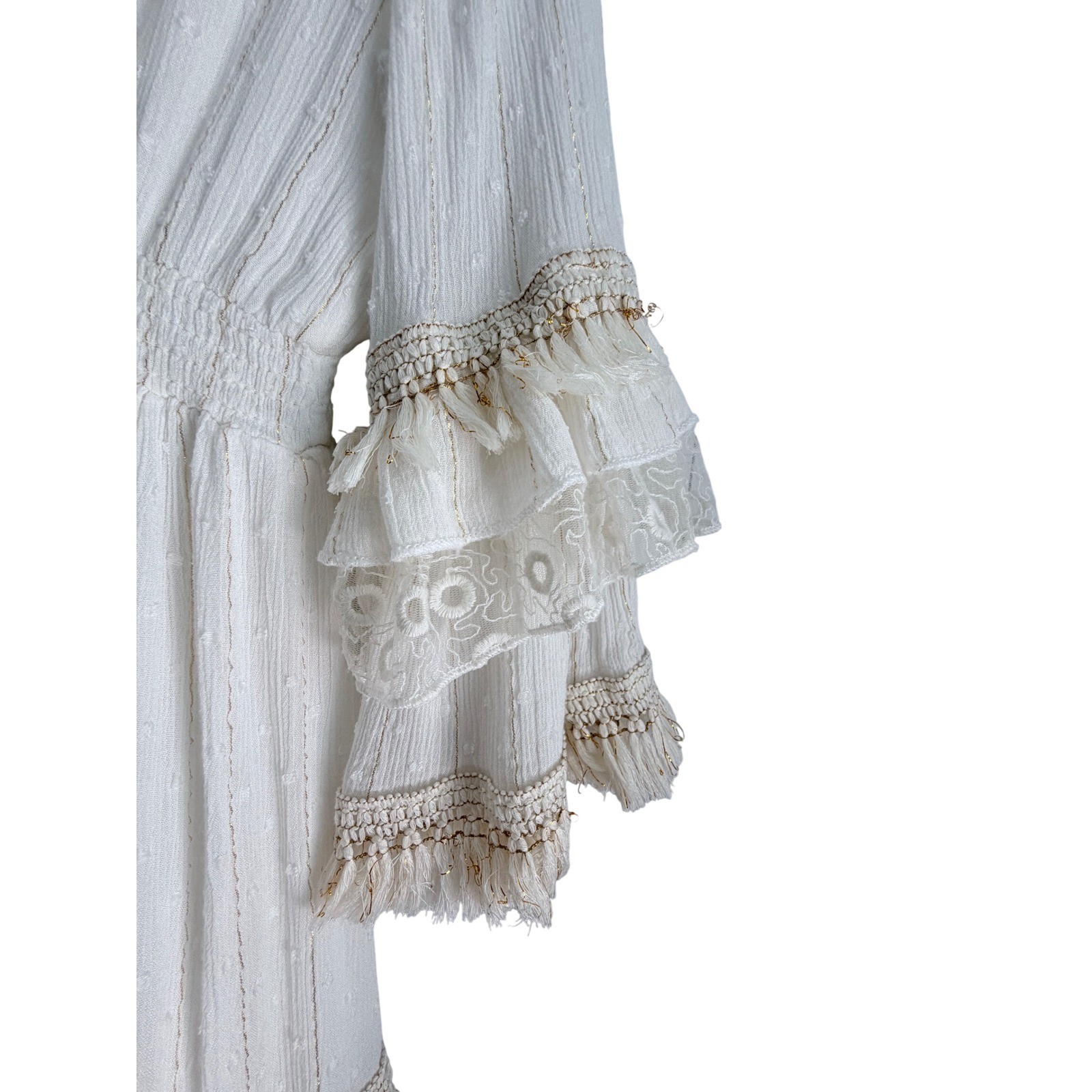 Zury White Boho Tassel Lace Ruffle Dress Gold Stripe Viscose Free Size
