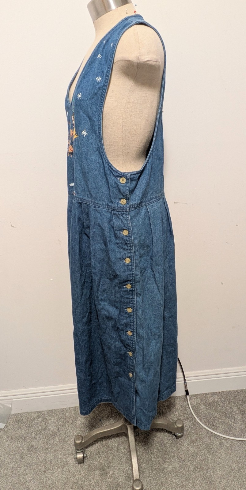 Mizz Lizz Denim Overall Dress M Button Side Cottagecore Hand Painted Christmas