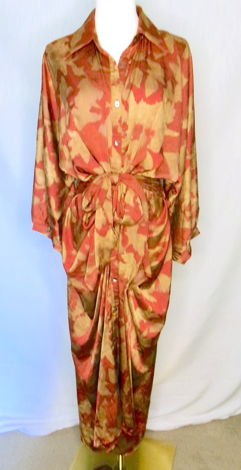 Entro Floral Shirt Dress Large Rust Tan Button Front Tie Waist Long Sleeve