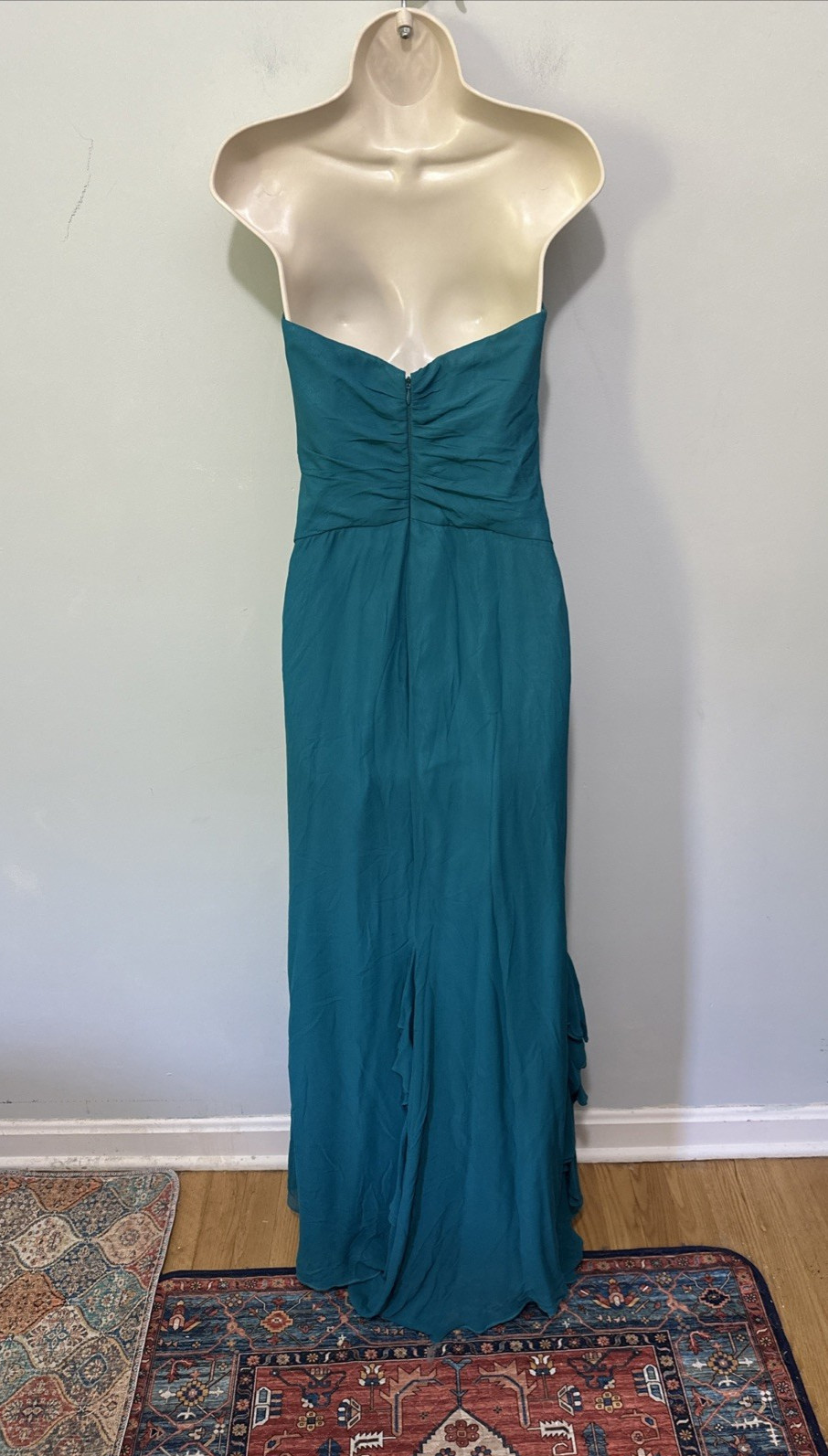 Badgley Mischka Dress Womens 6 Teal Blue Gown Strapless Ruffle Minimalist Glam