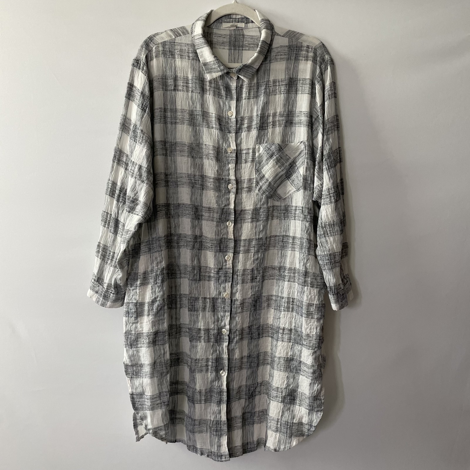 Easel Shirt Dress Plaid Long Sleeve Button Front Cotton Gray White Size S