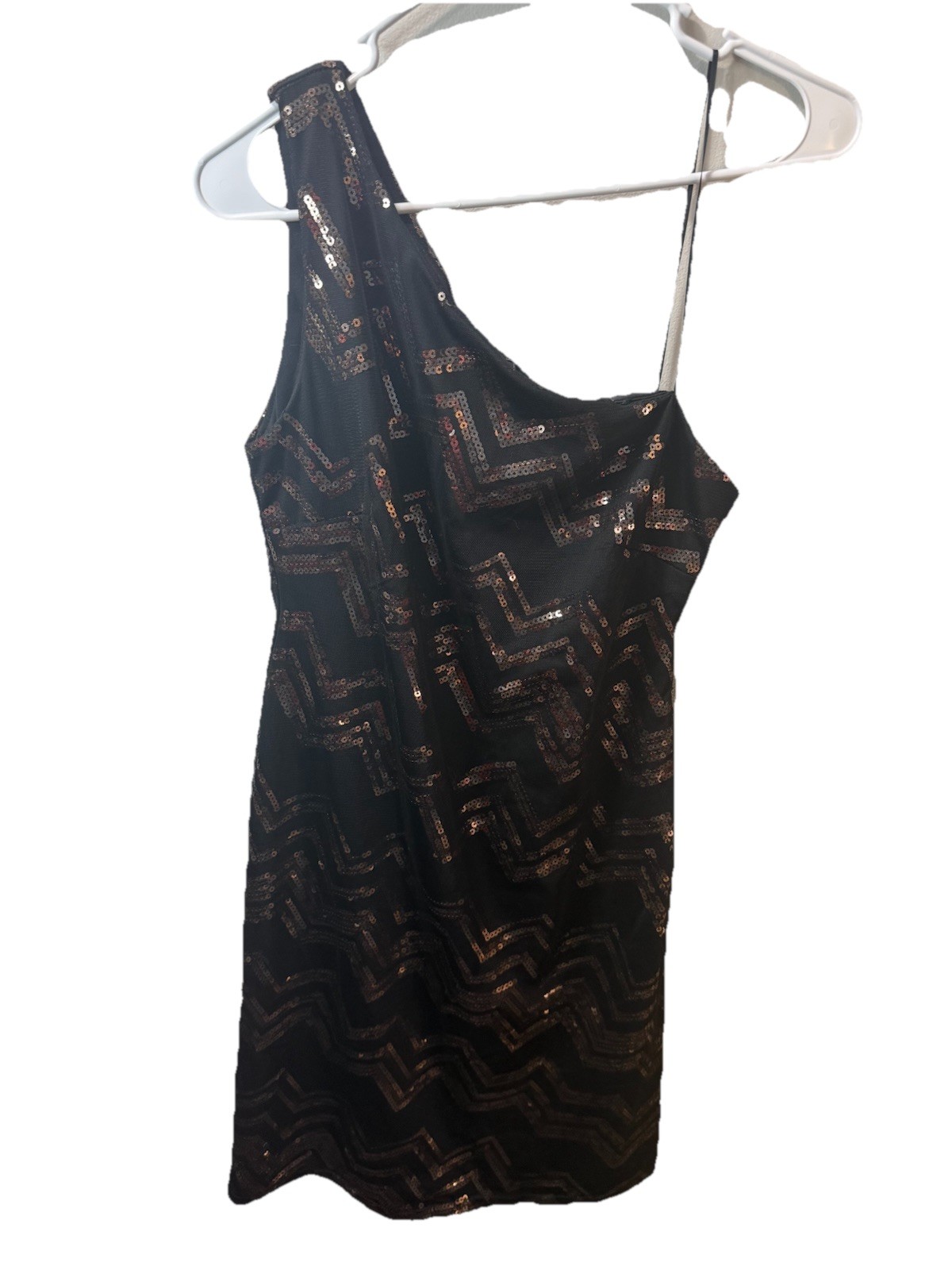 NIGHTWAY Women’s Black & Gold Glitter Dress Size 4 EUC 1 Shoulder Evening Gown