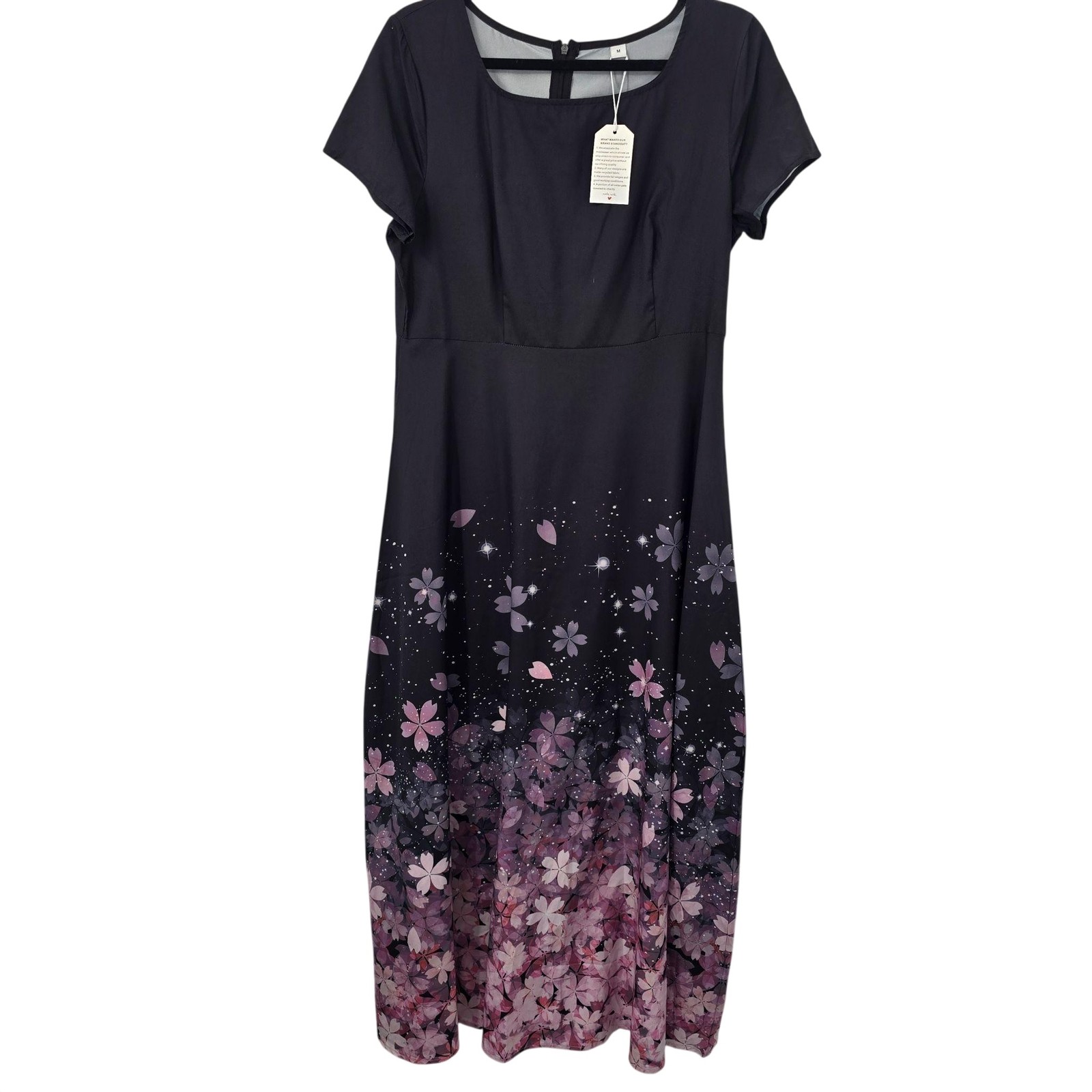 Made with Love Dress Medium Black Floral Maxi Short Sleeve Spring Summer