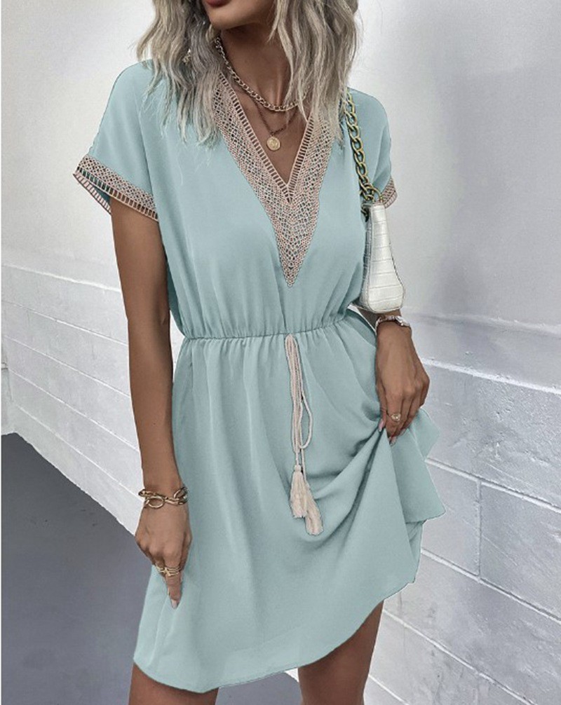 V NECK Summer DRESS WOMEN Short Sleeve Casual Solid Color Ruffle Midi Dresses