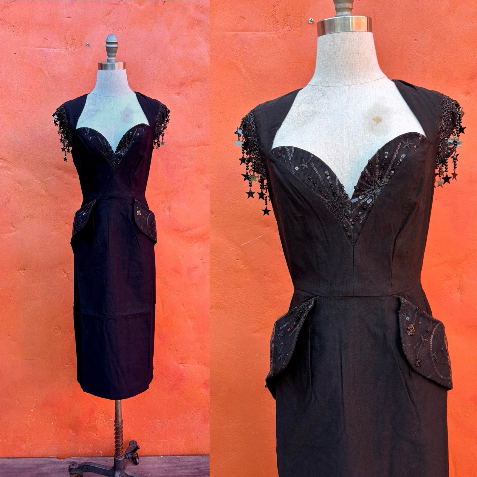 Hollywoodland Pinup Dress Elle Rebel Black Beaded Wiggle 1950s couture cocktail