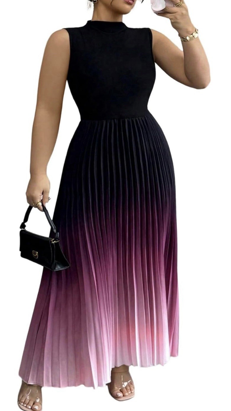 Sleeveless Black to Pink Ombre Pleated Maxi Dress