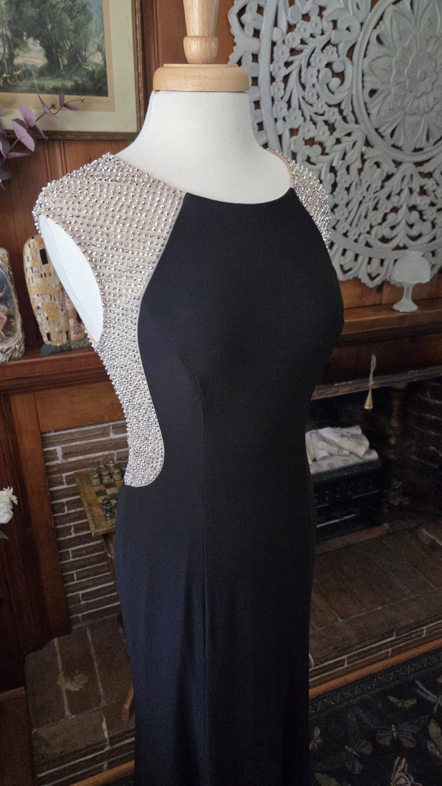 Xscape Long Formal Dress Black Sheer Back Silver Glitter Adornment & Shrug