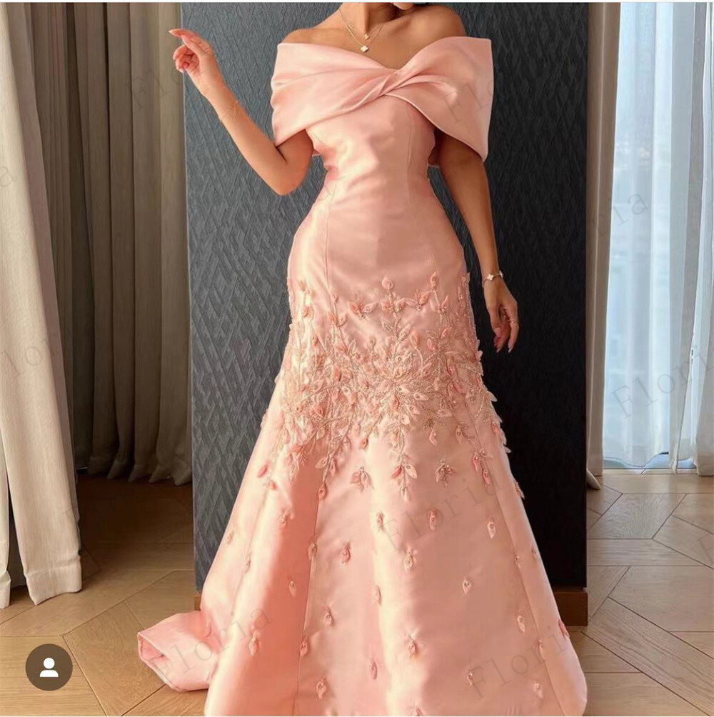 Pink Satin Evening Dresses Design Appliques Beaded Prom Dress Party Engagement