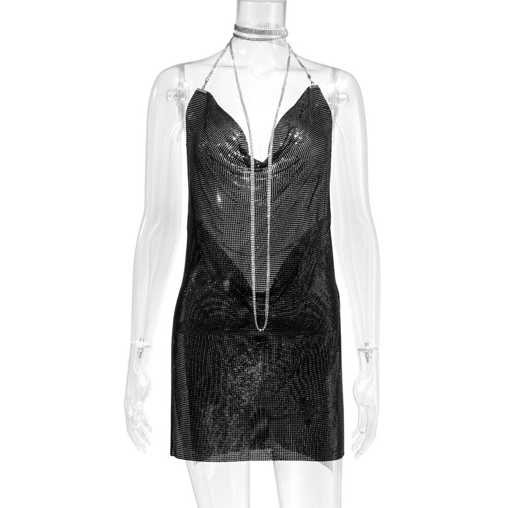 Sexy Women Backless Mini Dress Metal Chain Halter High Slit Night Dress Low Cut