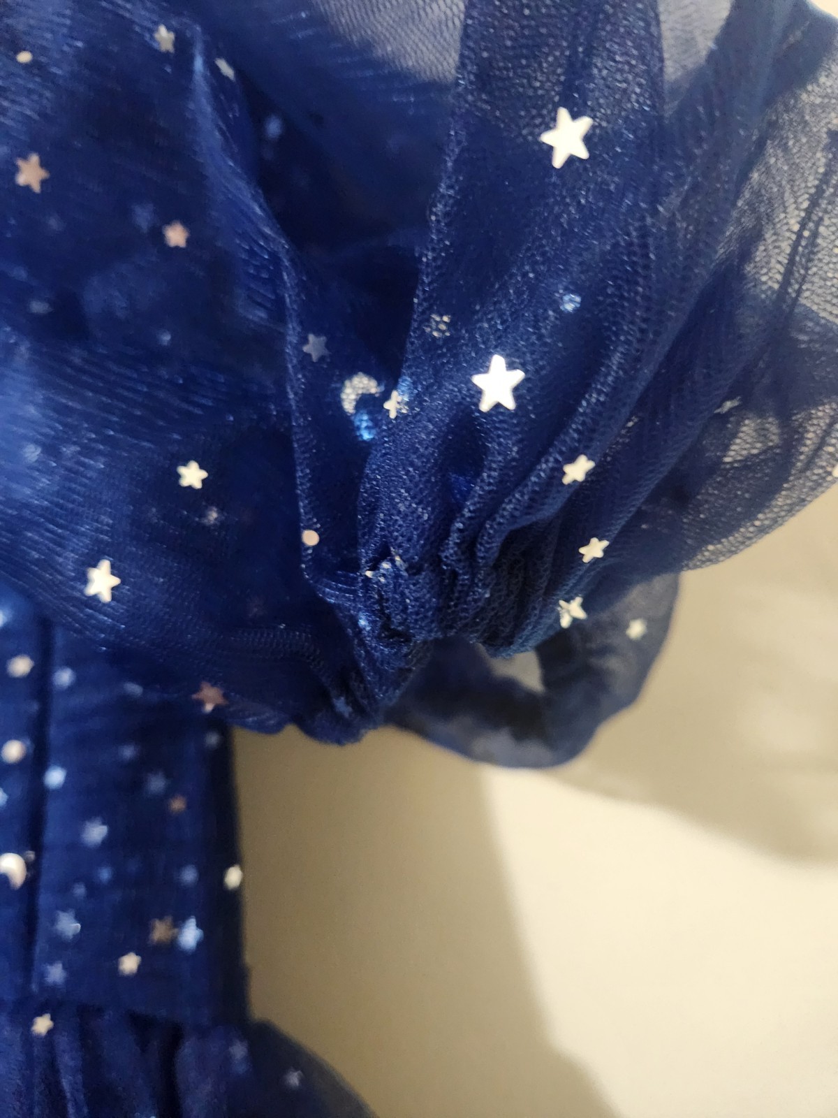 Xijun Dress Size 14 Tulle V Neck Puffy Sleeve Slit Starry Navy Blue Prom NWOT