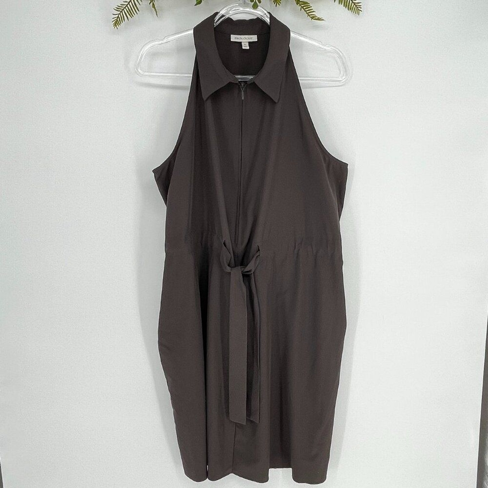 Prologue Sleeveless Dress Pockets Size XL Brown Collard Zip Up Drawstring Waist