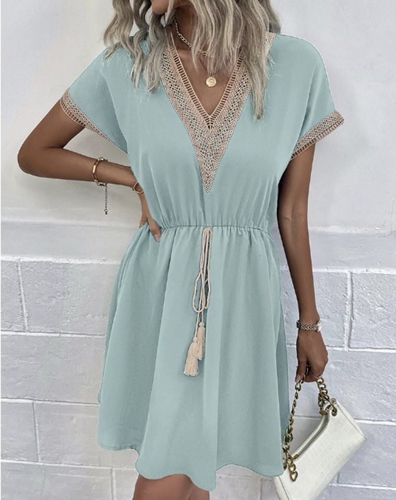 V NECK Summer DRESS WOMEN Short Sleeve Casual Solid Color Ruffle Midi Dresses