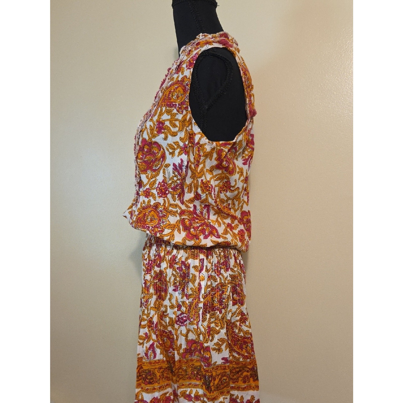 Lola Australia Pink & Orange Floral Paisley Boho Cotton Casual Midi Dress – XS