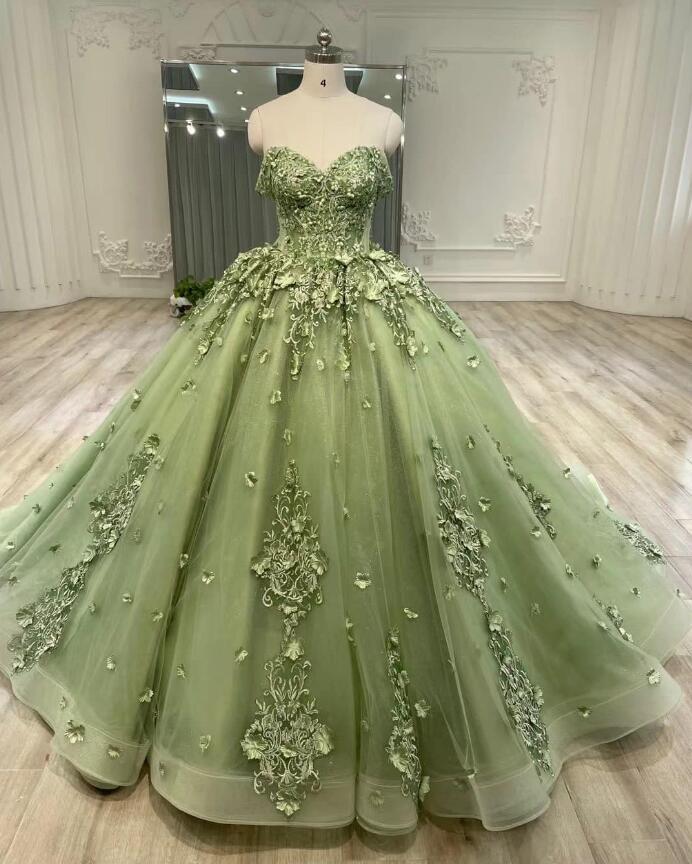 Sage Green Quinceanera Dresses 3D Handmade Flowers Floral Appliques Ball Gowns