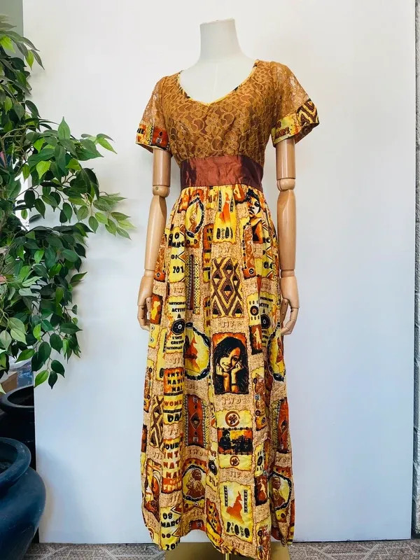 Vintage Handmade Yellow Orange Brown Cotton Lace Maxi Dress Pockets 12