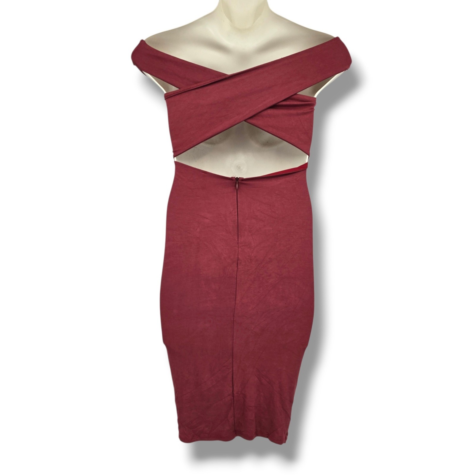 Blanc Criss Cross Bust Bodycon Dress Marsala Red Cutout Open Back Medium D2628