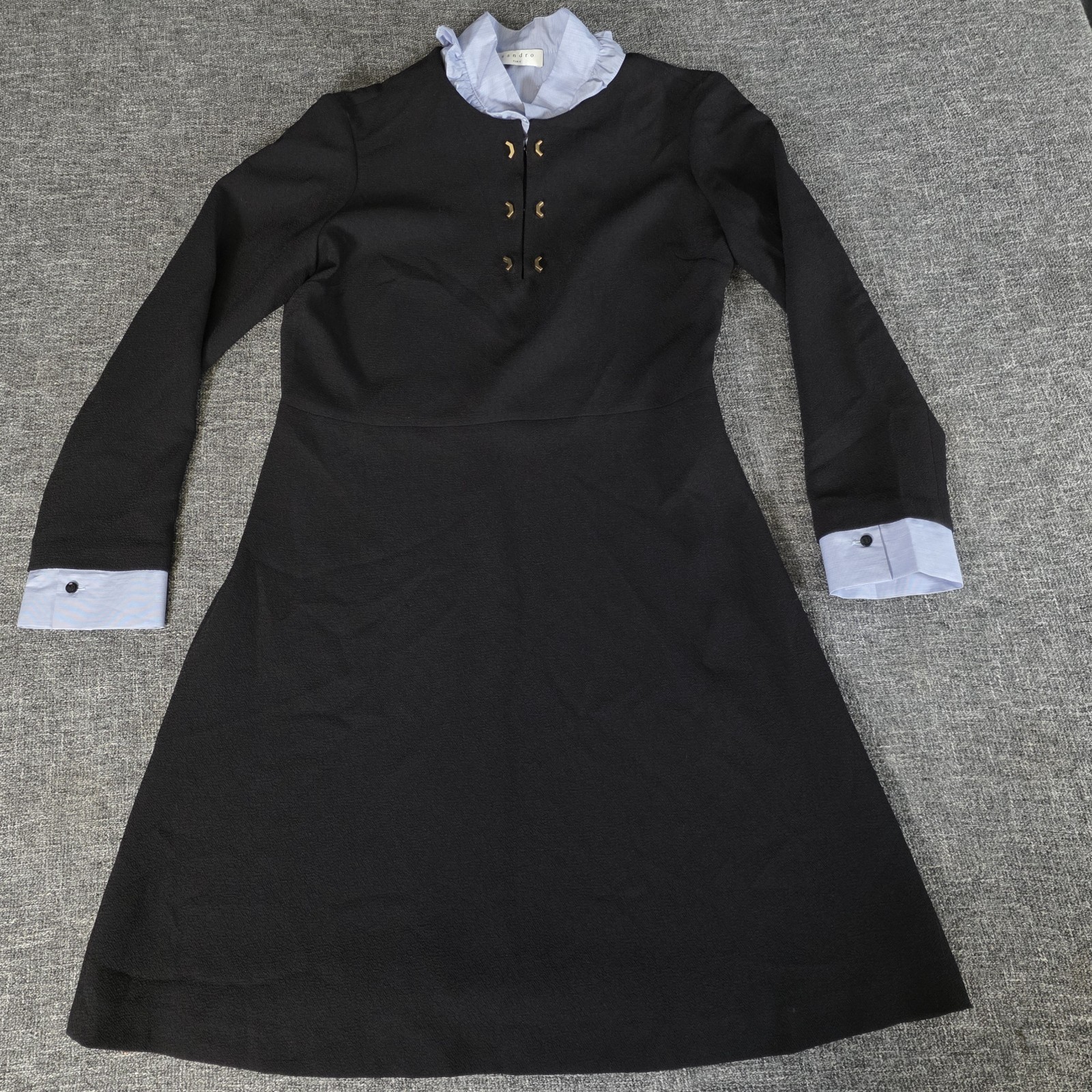 Sandro Paris Women’s Black Mini ALine Dress Keyhole Detail Collared Money Preppy