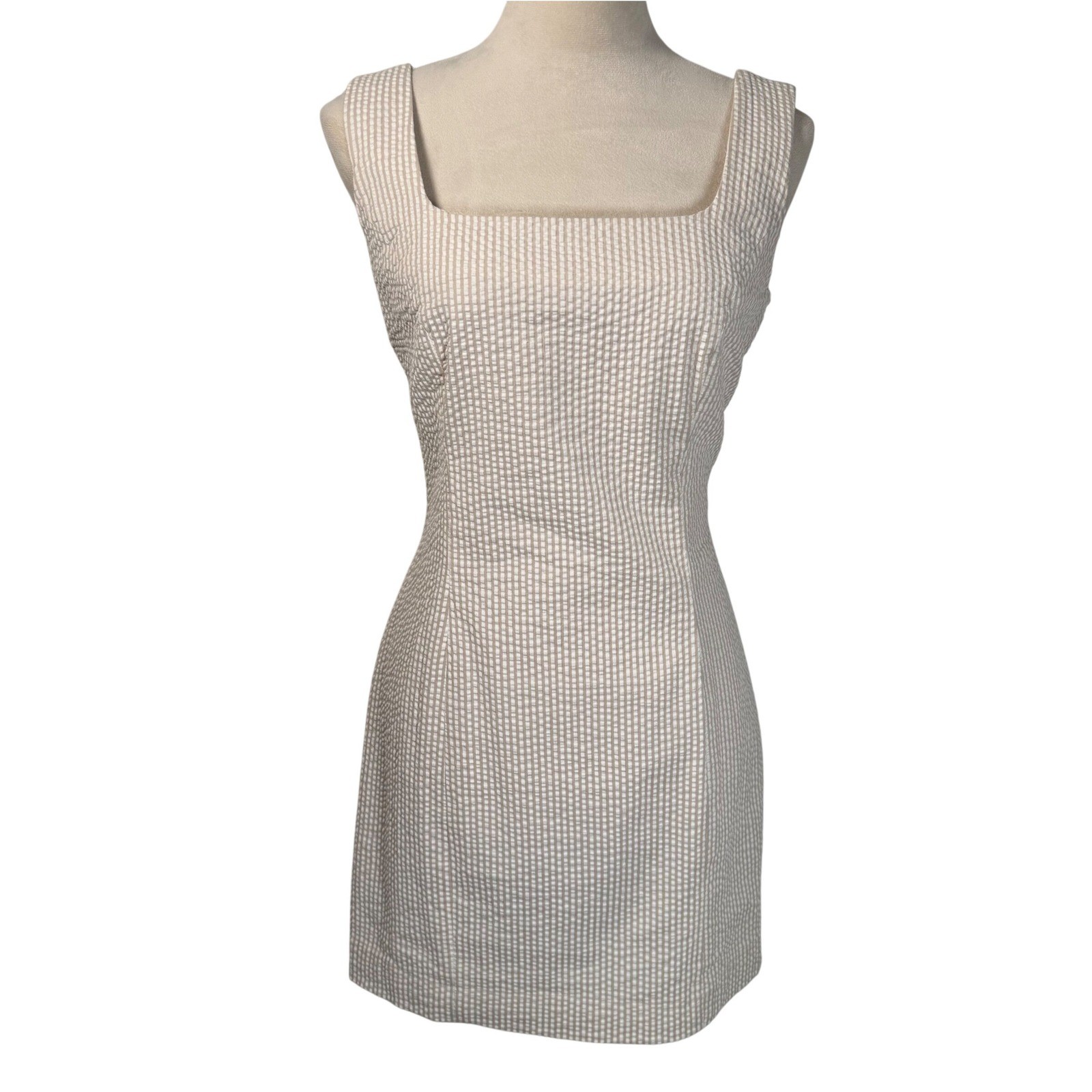 Vintage Spiegel Size 6 Gingham Seersucker Mini Dress Cottagecore Summer Neutral