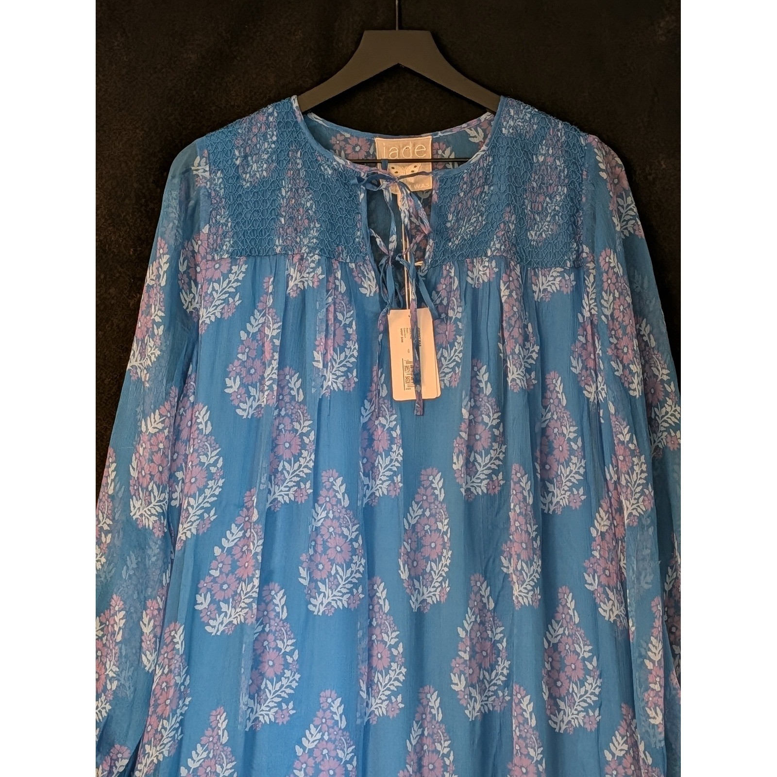 Johnny Was Jade NEW Silk Block Print Floral Boho Midi Smocked Dress Large NWT