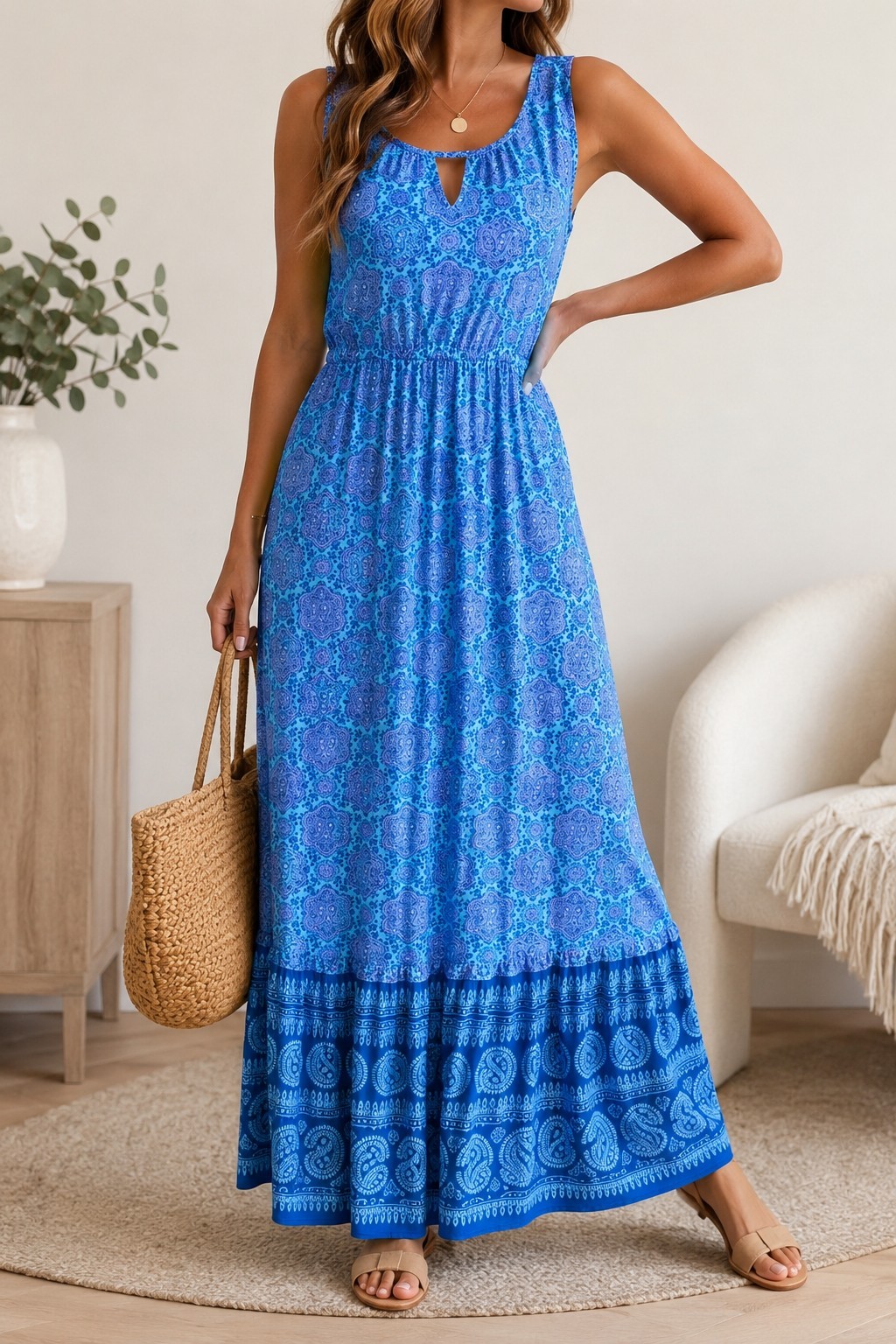 Talbots Petite Blue Paisley Maxi Dress Sleeveless Keyhole Cotton Modal MP
