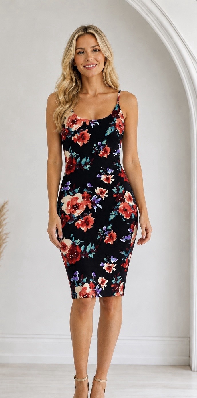 JLUXLABEL Womens Black Floral Bodycon Dress Size Small Super Soft NWT