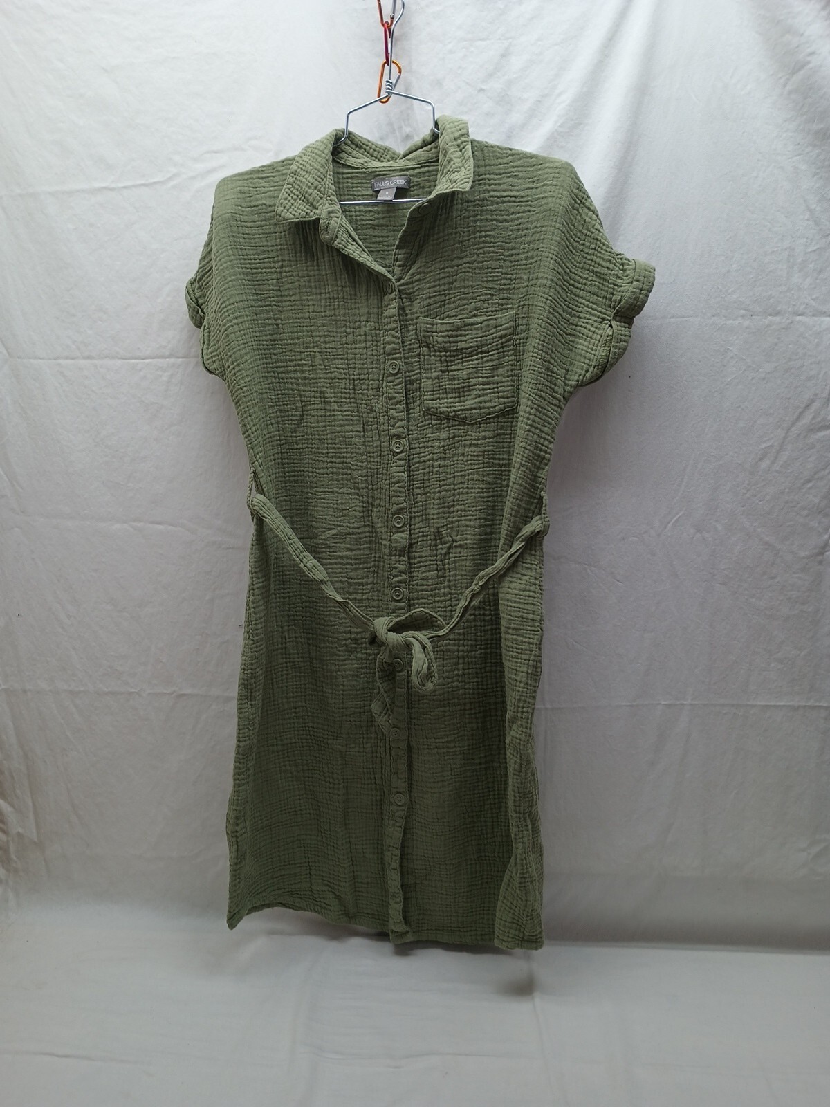 Falls Creek Size Small Green Gauzy Button Up Shirt Dress Olive Green Collared