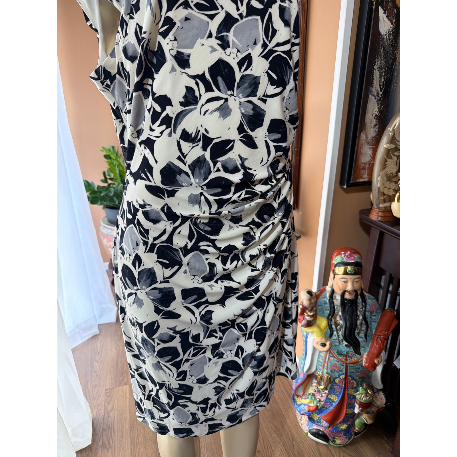 Lauren Ralph Lauren Navy Cream Floral Ruched Sheath Dress Size 16 Sleeveless