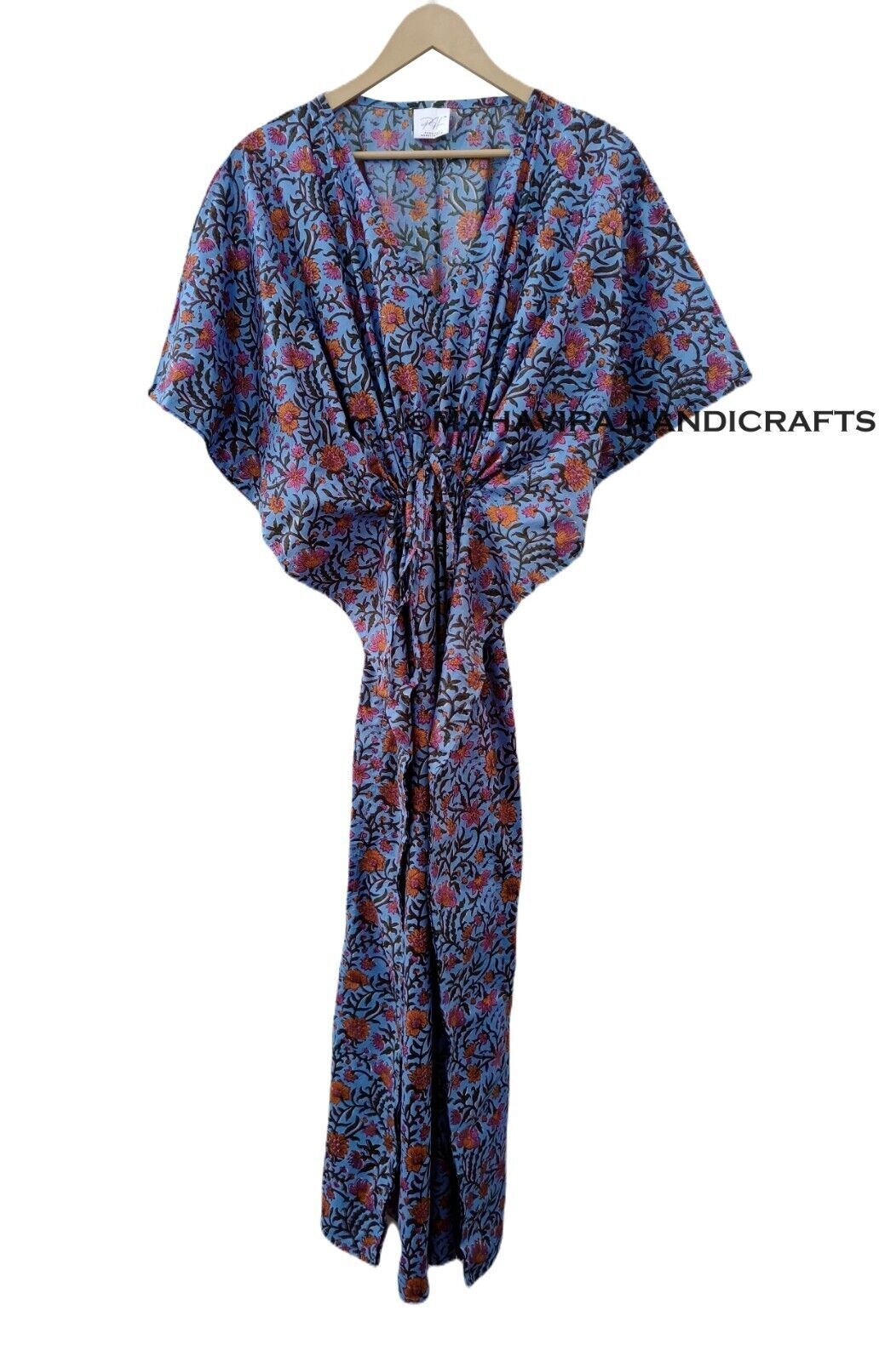 Cotton Loose Sleeve Flower Print Celeste Blue Free Size gypsy maxi Caftan Dress
