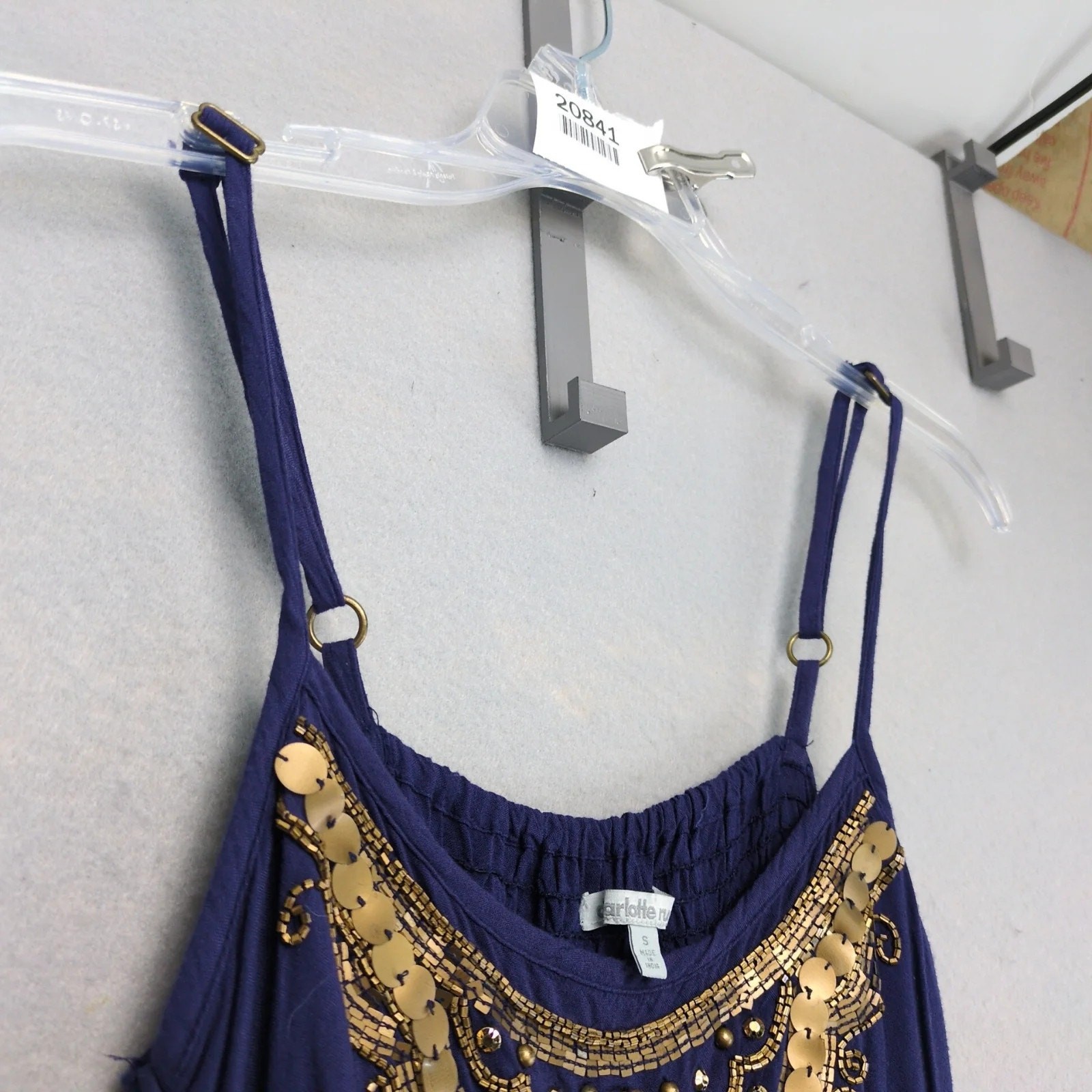 Charlotte Russe Navy Tiered Maxi Dress S Brass Beads Spaghetti Straps High Waist