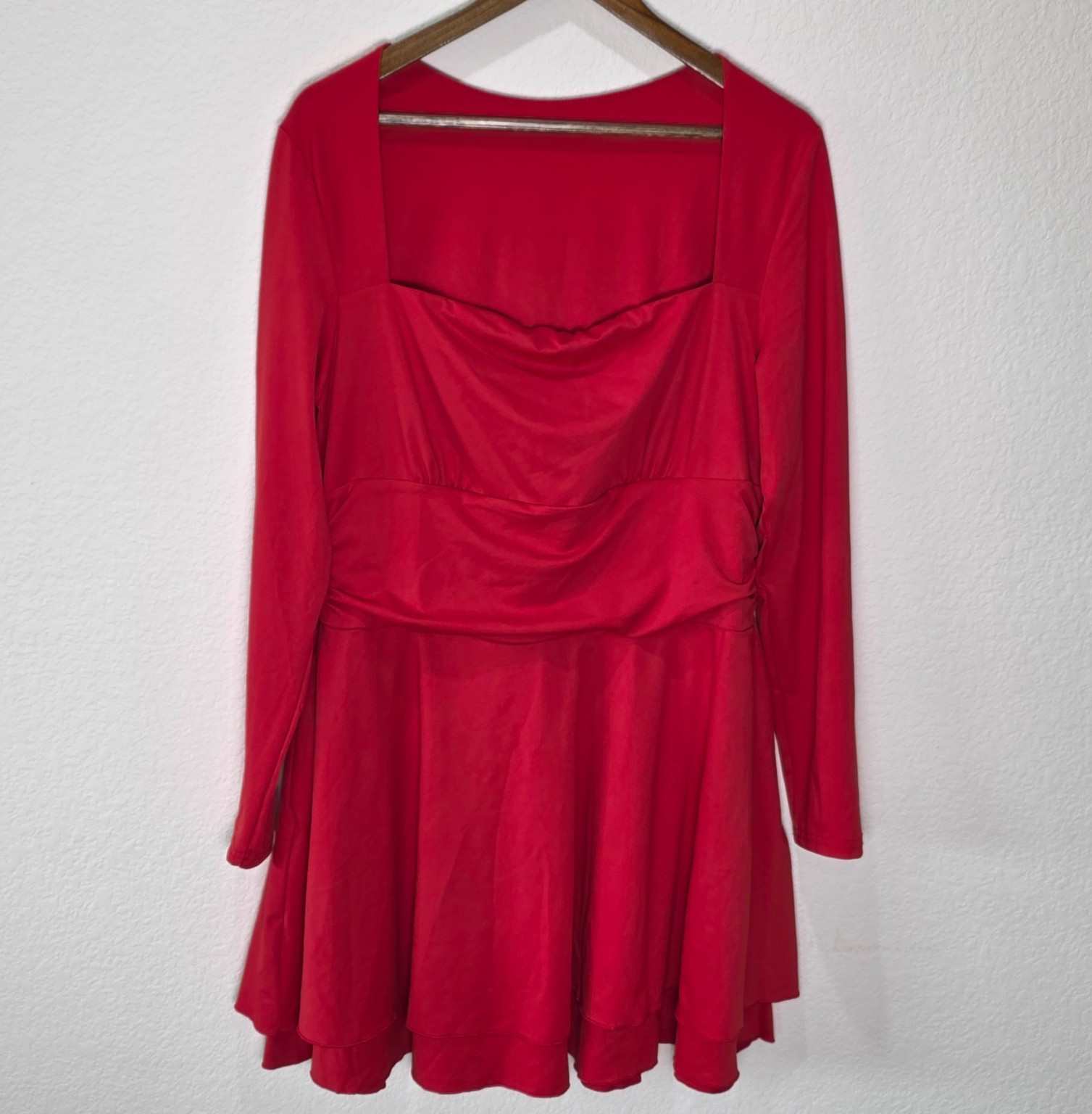 OYS Mini Dress XL NWOT Red Square Neck Ruched Waist Long Sleeve Ruffle Cocktail
