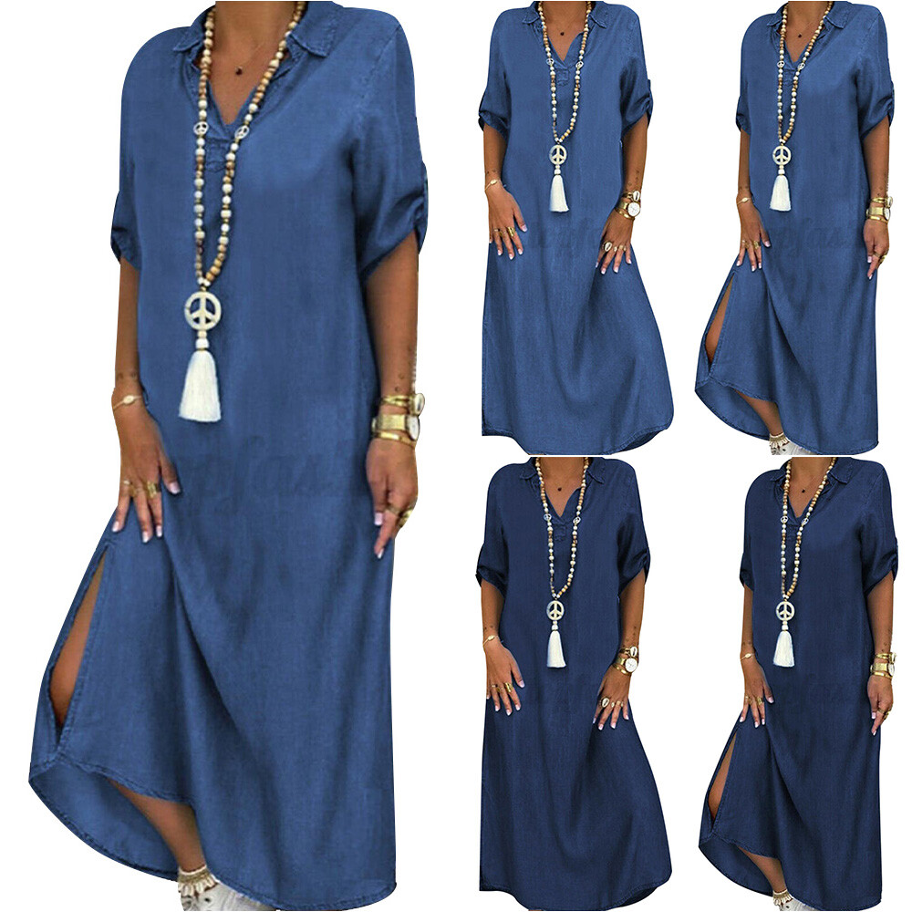 Plus Size Women Casual Summer Loose Denim Maxi Dress Jeans Sundress Kaftan Beach