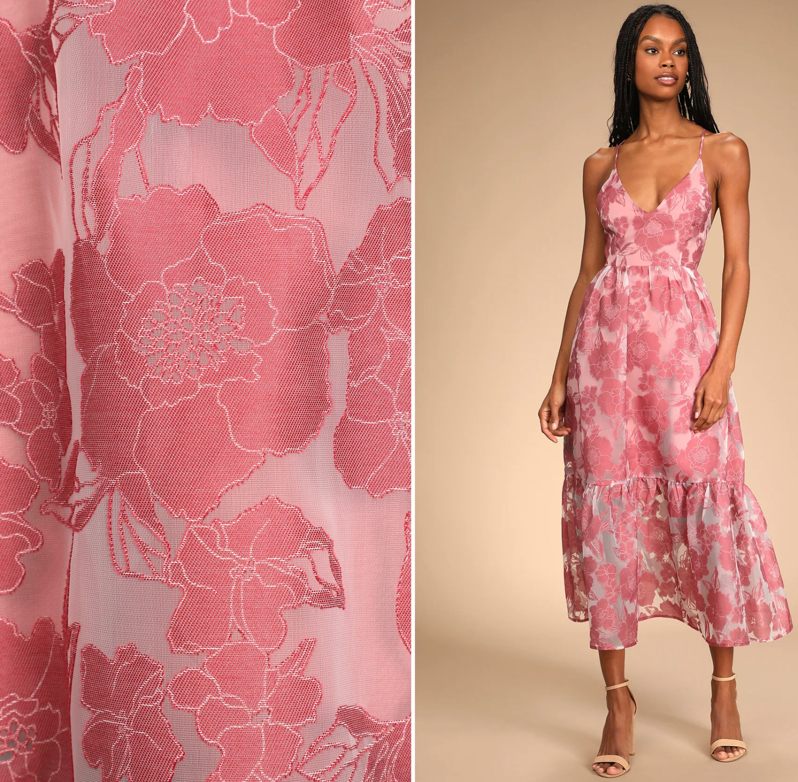 Lulu’s dusty rose floral burned out organze ruffle hemmed maxi | NWT. | LARGE