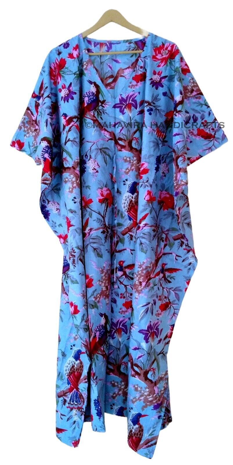 Indian Cotton Loose Short Sleeves Bird Print Celeste Blue Free Size Caftan Dress