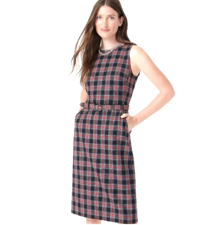 NWT J.CREW Belted Sheath Dress in Black Stewart Tartan SZ 0 Pockets $198 Festive