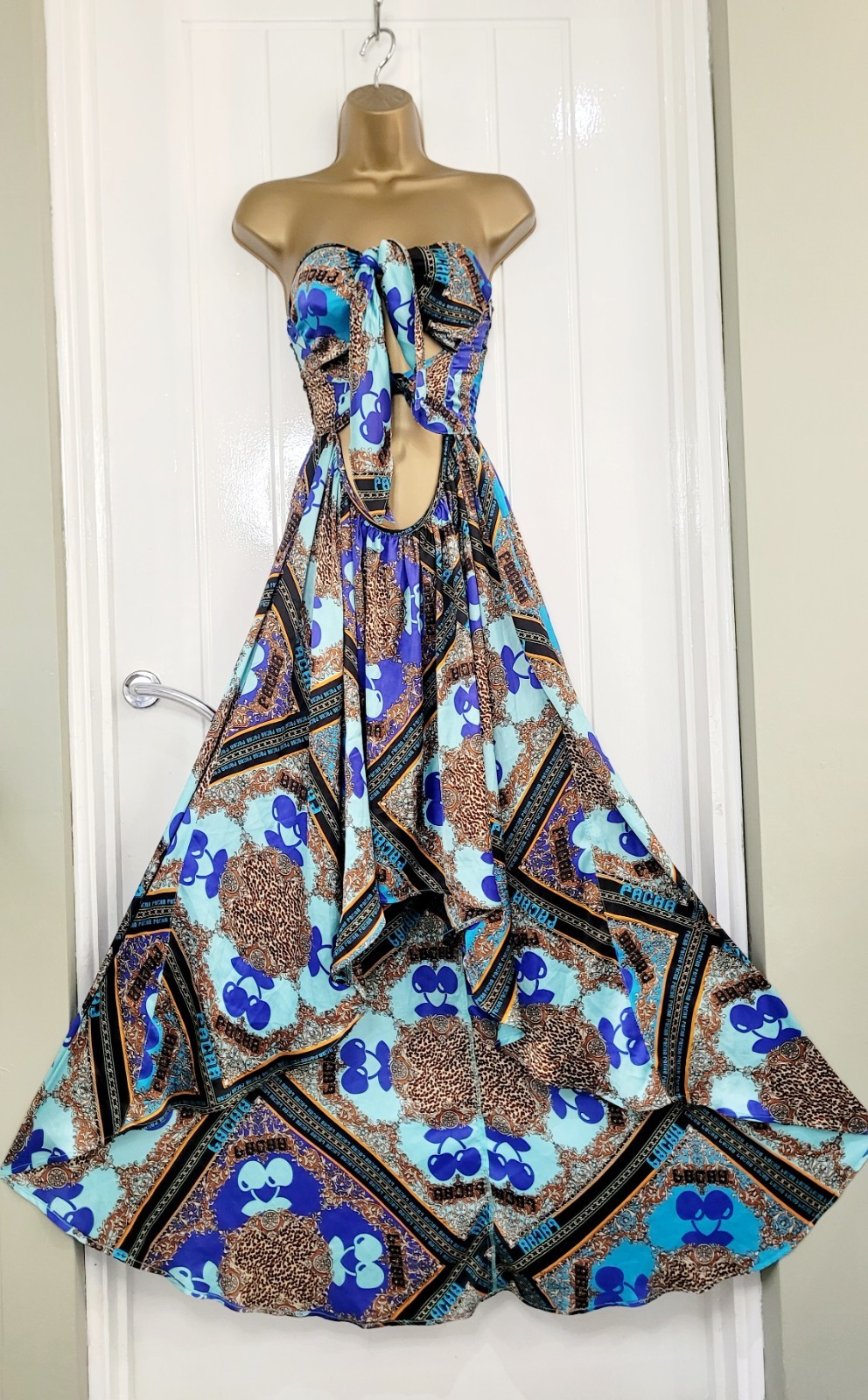 River Island size 8 10 Small PACHA blue satin cut out tie beach pool party dress
