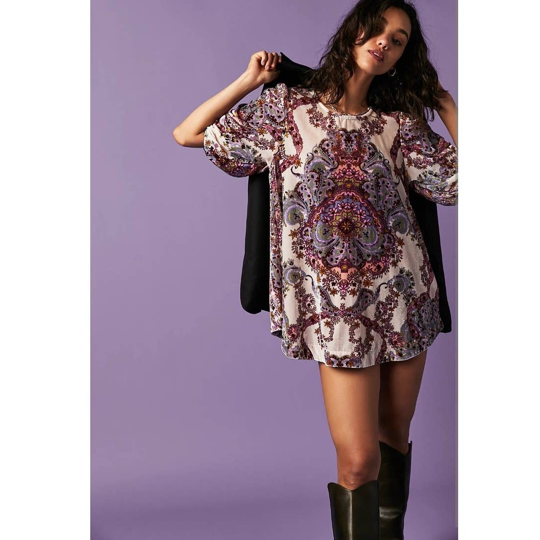 New Free People Maye Printed Velvet Tunic Mini Dress $148 X-SMALL Oversized Top