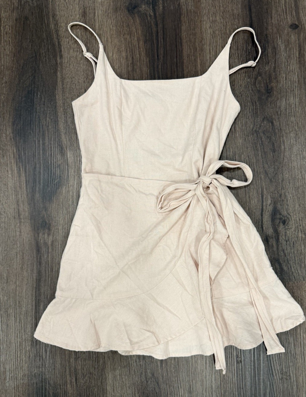 Princess Polly Beige Square Neck Strappy Mini Dress Tie Waist Ruffle Hem Zip, 4