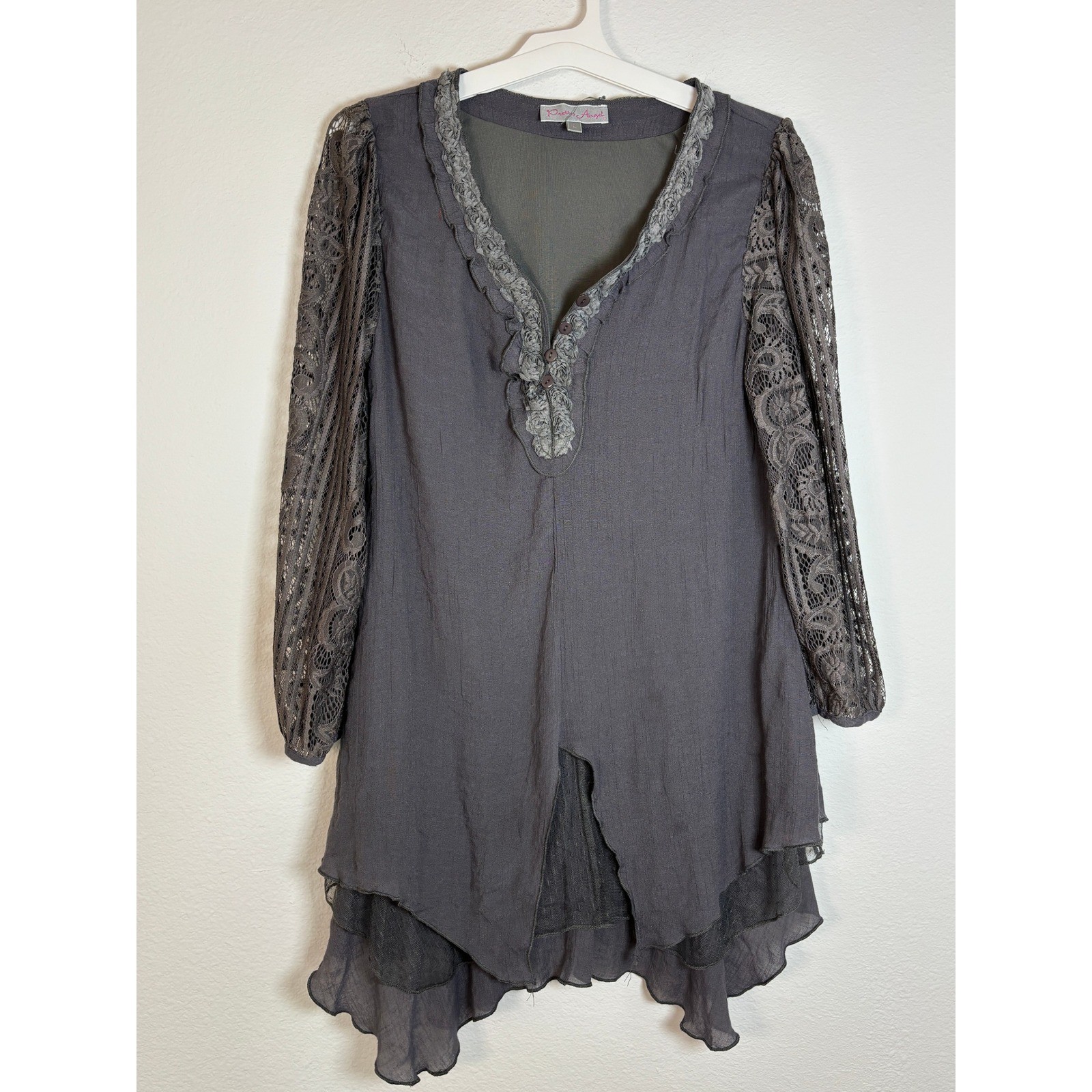 Pink Apple Charcoal Gray Lace Sleeve Layered Ruffle Sharkbite Tunic Dress L