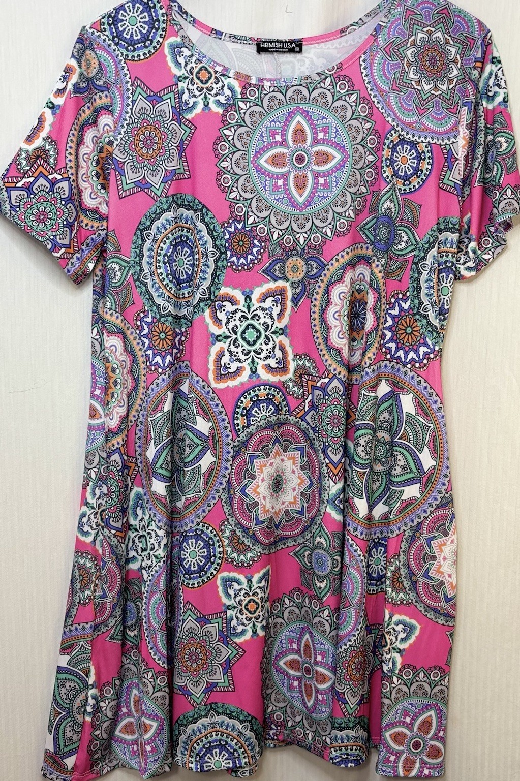 Heimish USA 1X Pink Boho Mandala Print Dress Short Sleeve Stretch NWOT