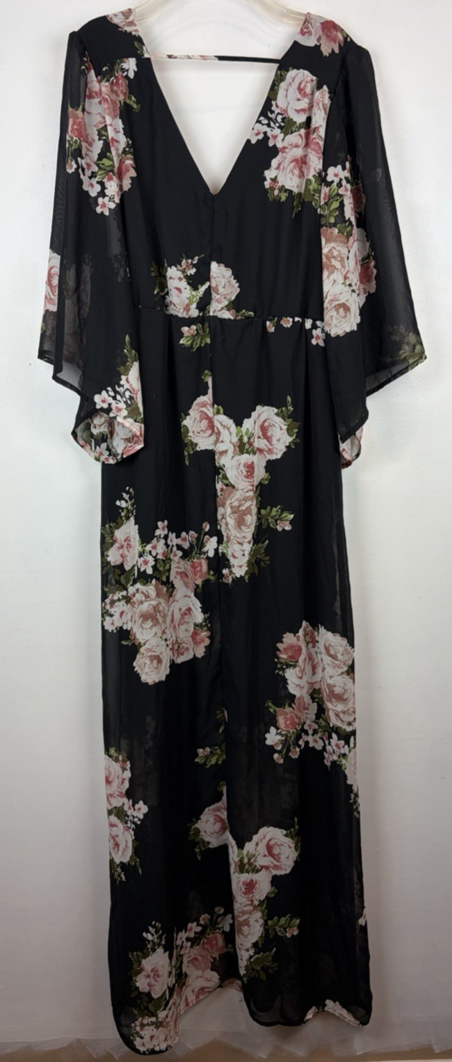 Romantic Maxi Dress Womens Medium Black Floral V Neck Wrap Style Evening Sheer