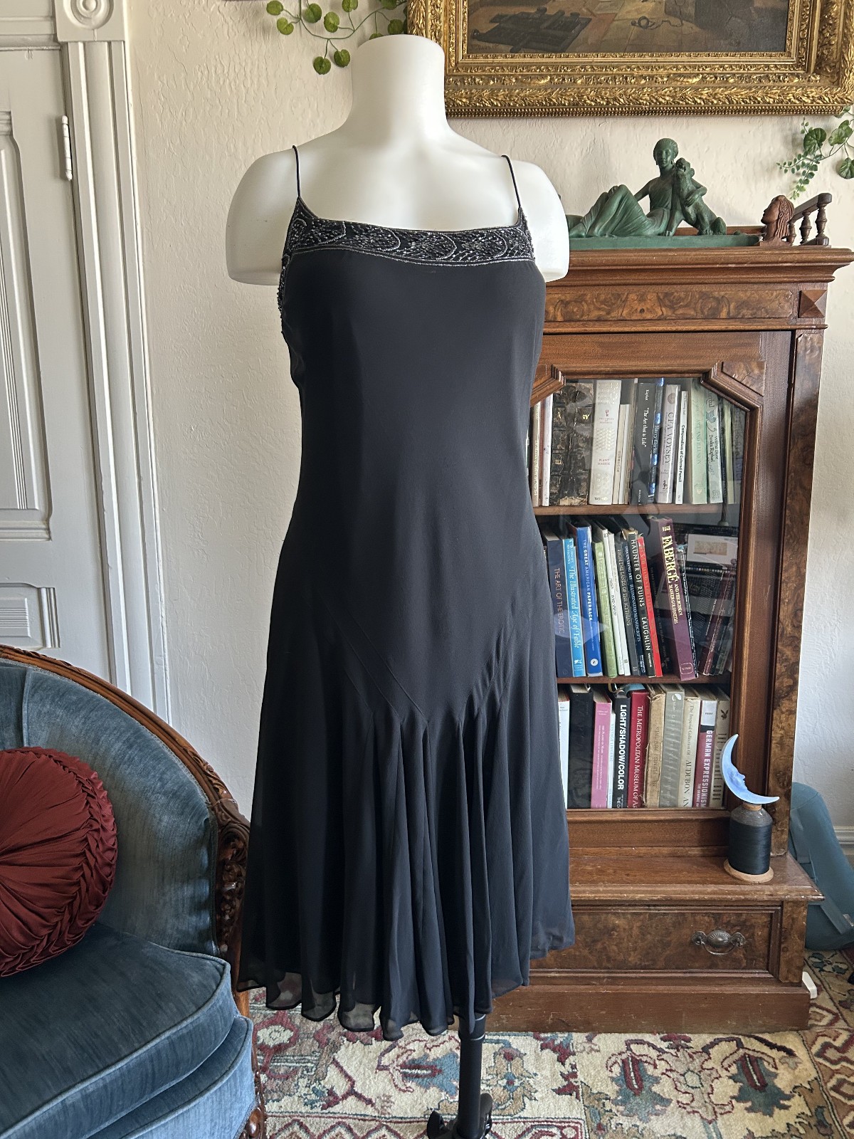 Vintage Y2K Does 1920s Silk Chiffon Beaded Drop Waist Dress Black Chiffon Sz 12