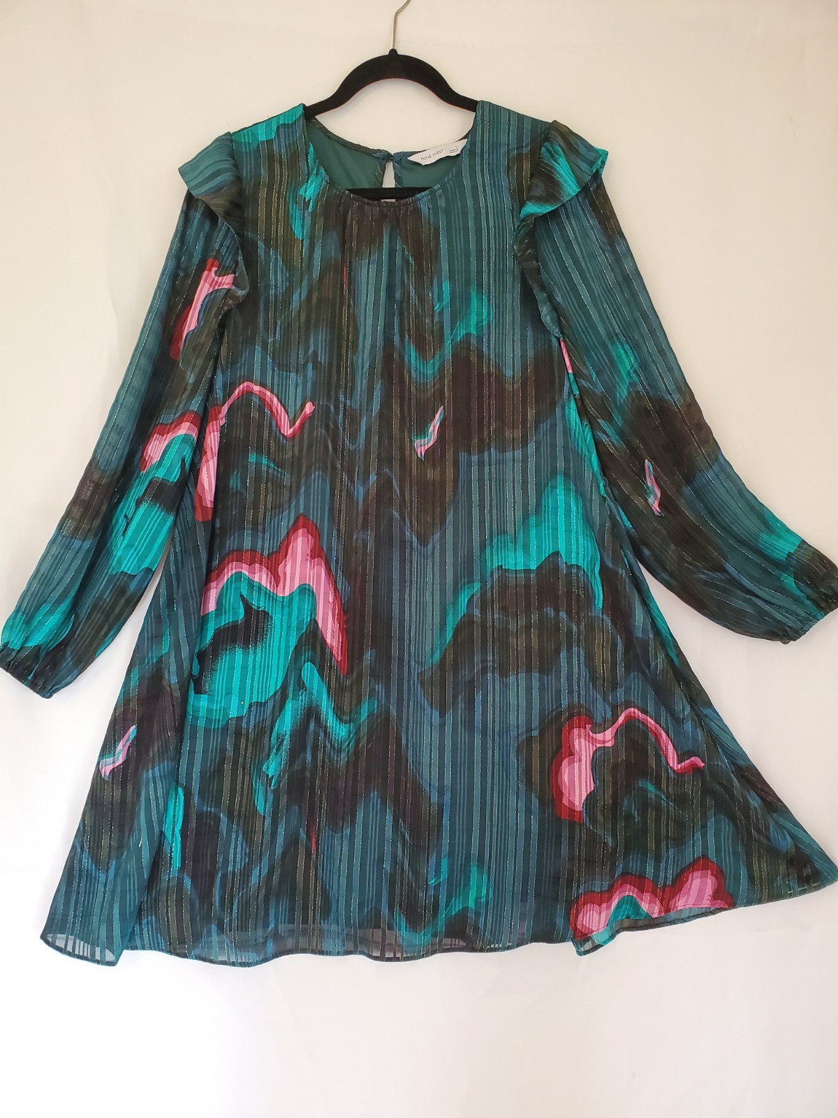 🎉NINE WEST🎉 Green, Black & Pink A-line/Flared Colorful Art Party Dress Sz Lg