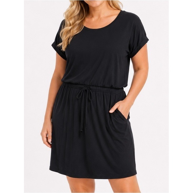 32 Degrees Womens Black Short Sleeve Drawstring Waist Dress Athleisure